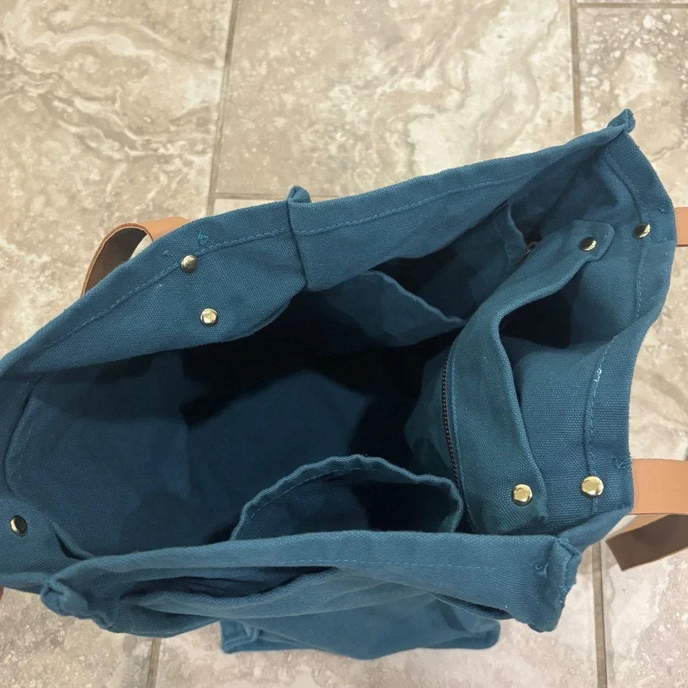 FEED Market Tote Bag Teal Blue Canvas Tan Straps Provides 3 Meals Grocery Bag